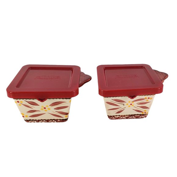 Temptations Set/2 Old World Cranberry Ramekins w/Lids Baking Ovenware Leftovers - Picture 6 of 11